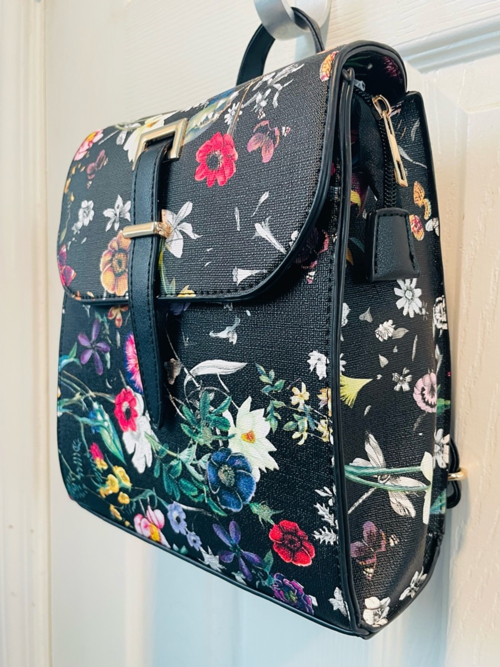 NEW Floral Print Black Backpack Purse - Picture 3 of 10